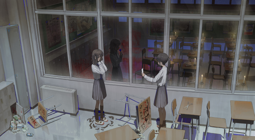 2girls absurdres black_hair blood_on_ground blue_flower brown_hair bullying candle cellphone check_translation classroom commentary cutting_hair desk different_reflection flower full_body graffiti hair_tie hands_on_own_face highres holding holding_phone indoors kenharu kneehighs long_hair long_skirt medium_hair memorial_on_desk multiple_girls night original phone pleated_skirt ponytail recording reflection school school_desk school_uniform scissors severed_hair shirt shoes sidelocks skirt smartphone socks standing tied_hair translation_request trash uwabaki white_shirt window