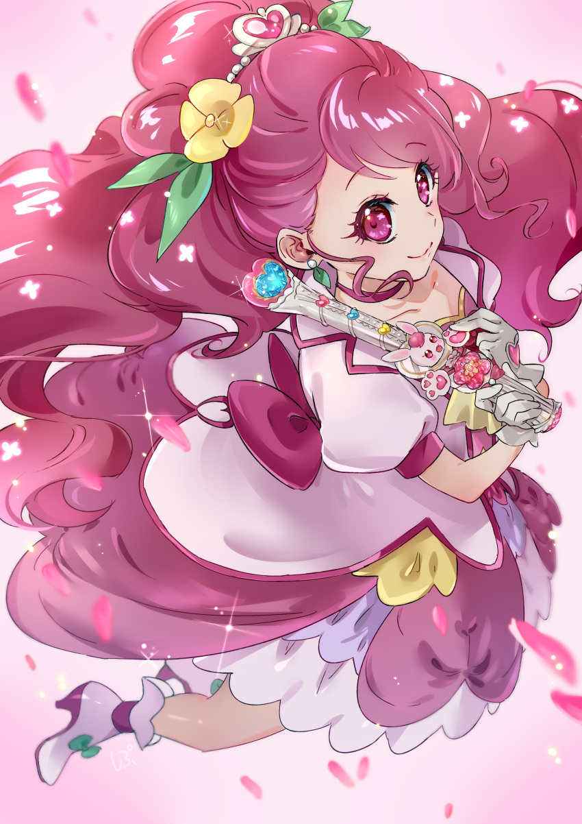 absurdres closed_mouth commentary_request cure_grace female flower from_above gloves hair_flower hair_ornament hanadera_nodoka healin'_good_precure heart_wand highres holding holding_wand long_hair looking_at_viewer magical_girl pink_background pink_eyes pink_hair precure shipu_(gassyumaron) smile solo wand white_gloves