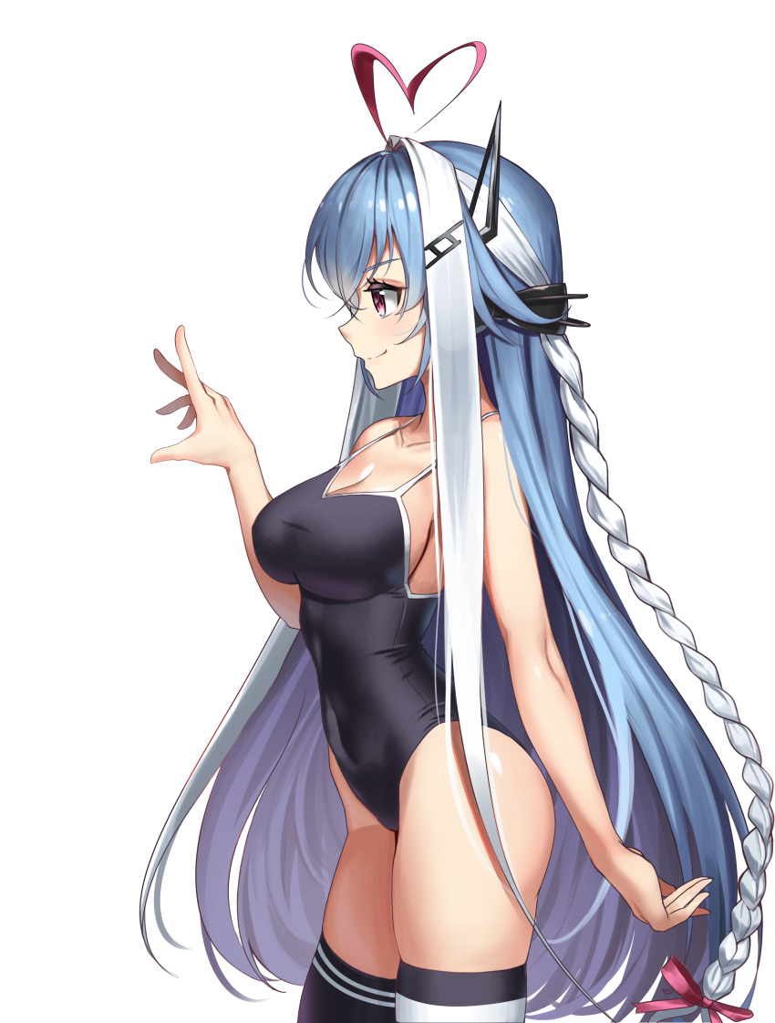 absurdres ahoge asymmetrical_legwear bemani black_one-piece_swimsuit blue_hair braid breasts covered_navel female hair_intakes hair_ornament hair_ribbon hairclip headgear highres ichika_(bemani) iznal large_breasts long_hair mismatched_legwear multicolored_hair one-piece_swimsuit pink_eyes pink_ribbon ribbon side_braid simple_background skindentation smile solo streaked_hair swimsuit thighhighs very_long_hair white_background white_hair