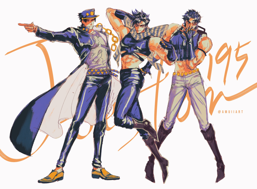 3boys amuii bare_shoulders battle_tendency boots chains crop_top family fingerless_gloves gakuran gloves hat highres jojo_no_kimyou_na_bouken jojo_pose jonathan_joestar jonathan_joestar's_pose_(jojo) joseph_joestar joseph_joestar_(young) kujo_jotaro kujo_jotaro's_pose_(jojo) long_coat male_focus midriff multiple_boys phantom_blood pointing pose scarf school_uniform standing stardust_crusaders striped_clothes striped_scarf