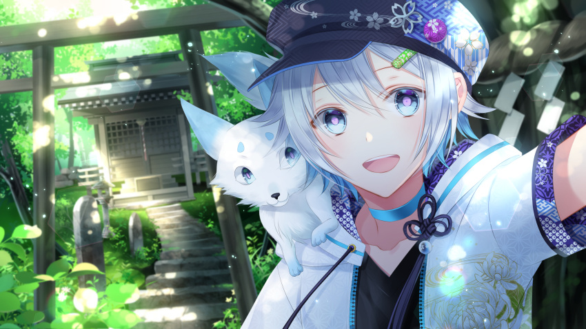 1boy :d animal_on_shoulder araragi_soushi bishounen blue_choker blue_eyes blue_hair choker dappled_sunlight dutch_angle fox highres indie_virtual_youtuber male_focus official_art open_mouth original outdoors pale_skin portrait shrine smile solo stairs stone_torii sunlight teeth torii upper_teeth_only virtual_youtuber yuzuki_(vtuber)