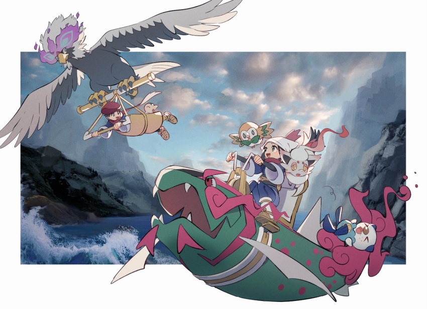 1boy :d akari_(pokemon) basculegion bird black_shirt border brown_footwear commentary cyndaquil female flying galaxy_expedition_team_survey_corps_uniform hang_gliding hat head_scarf hisuian_braviary hisuian_zorua holding huan_li jacket open_mouth oshawott pantyhose pokemon pokemon_(creature) pokemon_legends:_arceus red_headwear red_scarf rei_(pokemon) riding riding_pokemon rowlet scarf shirt shoes sitting smile tongue water white_border white_headwear