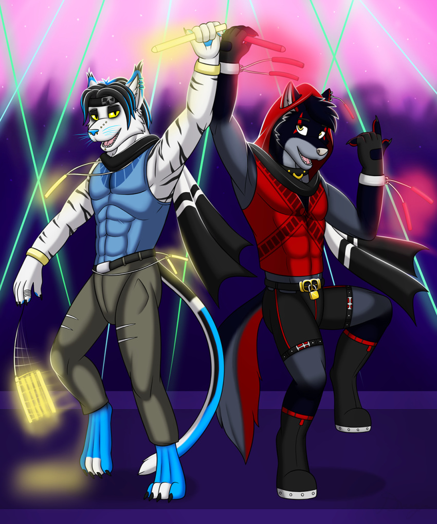 anthro canid canine canis dancing dregna duo felid glowsticking glowstringing hi_res male mammal muscular pantherine rave wolf