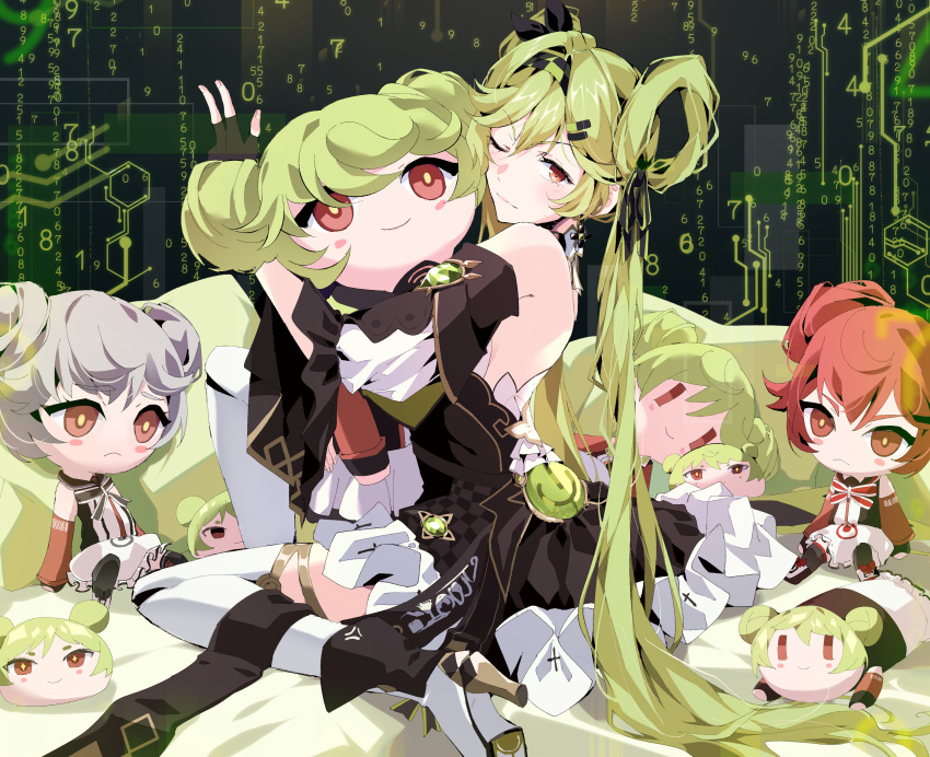 absurdres aer007580 ai-chan_(chrono_navi)_(honkai_impact) ai-chan_(honkai_impact) ai_hyperion_lamdba_(honkai_impact) bad_id bad_pixiv_id bare_shoulders black_dress black_gloves blush_stickers character_doll closed_mouth detached_sleeves double_bun dress female fingerless_gloves gloves green_hair grey_hair hair_bun hair_ornament hair_rings hairband hairclip high_heels highres honkai_(series) honkai_impact_3rd long_hair looking_at_viewer one_eye_closed red_eyes red_hair sitting smile twintails very_long_hair w wide_sleeves yellow_pupils