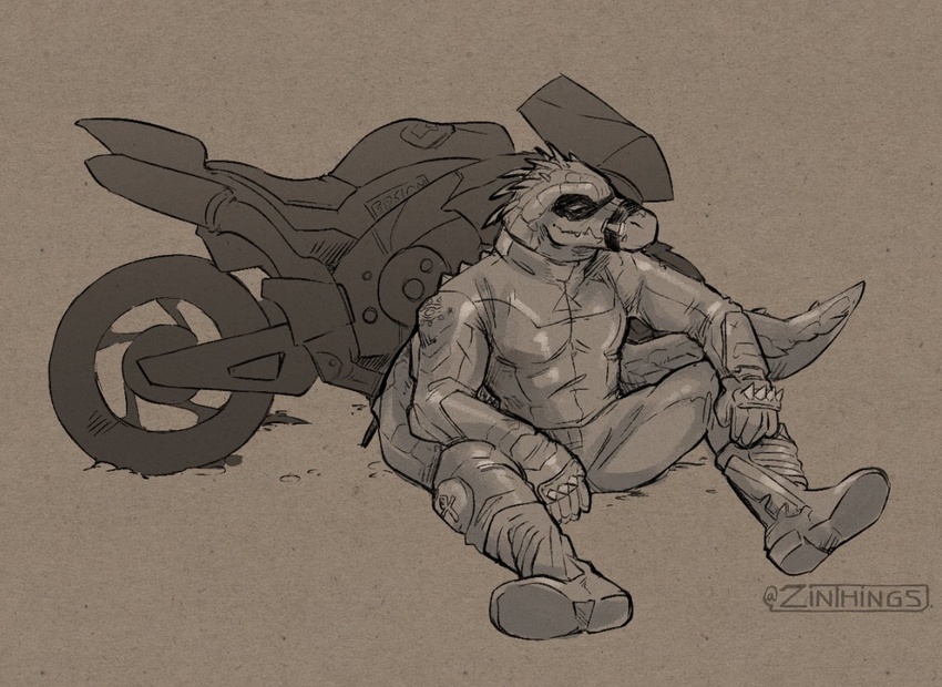 against_motorcycle anthro crocodile crocodilian crocodylid daylon_(dislyte) dislyte facial_markings fangs head_markings lilith_games male markings motorcycle mouth_strap reptile scalie sitting sitting_on_ground solo spikes teeth vehicle zinthings