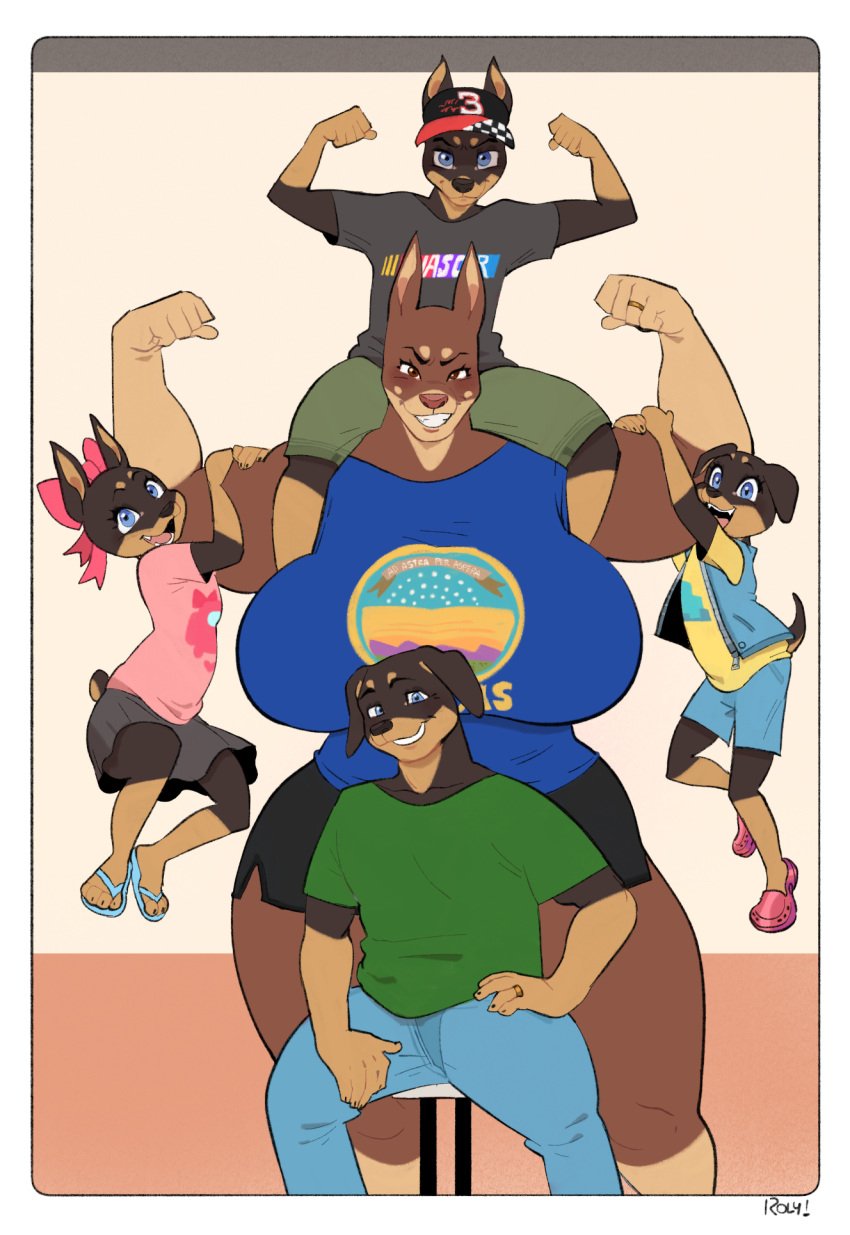 2023 4_toes 5_fingers accessory among_us anthro arm_flex baseball_cap big_breasts black_body black_fur black_nose blue_eyes bottomwear bow_ribbon breasts brother_(lore) brother_and_sister_(lore) brown_body brown_eyes brown_fur canid canine canis carrying_another claws clothed clothing confident crewmate_(among_us) crocs daniel_porter daniel_porter_jr. daughter_(lore) denim denim_bottomwear denim_clothing digit_ring digital_media_(artwork) dobermann domestic_dog family family_photo father_(lore) father_and_child_(lore) father_and_daughter_(lore) father_and_son_(lore) feet female finger_claws finger_ring fingers flag_clothing flexing flip_flops footwear fur furniture gloves_(marking) good_parenting grin group hair_accessory hair_ribbon hairbow hanging_by_arms hanging_on_arm happy hat headgear headwear hi_res hindpaw huge_breasts humanoid_hands husband_and_wife innersloth jeans jewelry kansas leg_markings lolicon looking_at_viewer male male/female mammal markings married_couple mother_(lore) mother_and_child_(lore) mother_and_daughter_(lore) mother_and_son_(lore) multicolored_body multicolored_fur muscular muscular_anthro muscular_female nascar on_shoulders open_mouth open_smile pants parent_(lore) parent_and_child_(lore) parent_and_daughter_(lore) parent_and_son_(lore) paws pink_nose pinscher posing_for_picture ribbons ring roly rosemary_porter samantha_porter sandals shirt shoes shorts sibling_(lore) signature sister_(lore) sisters_(lore) sitting sitting_on_another sitting_on_shoulders skirt slice_of_life smile smirk smug socks_(marking) son_(lore) stool t-shirt teeth toe_claws toes tongue topwear tracy_porter twins_(lore) two_tone_body two_tone_fur vest wedding_ring young