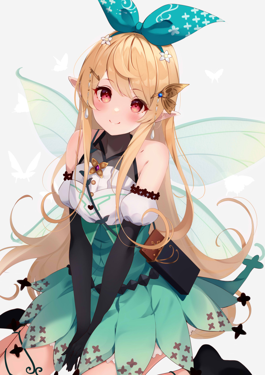 absurdres bag bare_shoulders black_gloves blonde_hair blush butterfly_background dress elbow_gloves fairy fairy_wings female flat_chest flower gloves green_dress grey_background hair_flower hair_ornament hair_ribbon handbag highres kujou_ichiso long_hair looking_at_viewer milestone_celebration nijisanji nijisanji_en pointy_ears pomu_rainpuff pomu_rainpuff_(1st_costume) red_eyes ribbon shoulder_bag sitting smile solo virtual_youtuber wariza wings