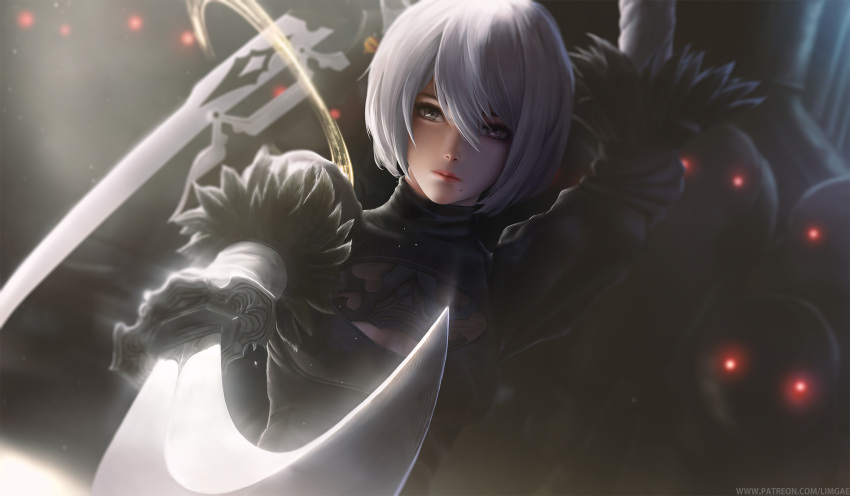 2b_(nier:automata) black_dress blurry blurry_background breasts cleavage commentary dark_background dress english_commentary facing_viewer female grey_eyes highres limgae lips machine medium_breasts mole mole_under_mouth nier:automata nier_(series) no_blindfold photoshop_(medium) revision robot solo sword upper_body watermark weapon weapon_on_back web_address white_hair