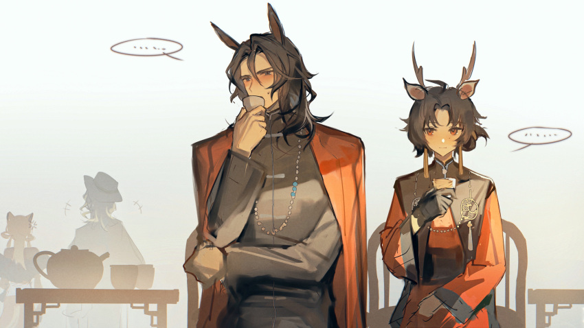 ... 2boys 2girls absurdres anger_vein animal_ears antlers arknights black_gloves black_hair black_headwear blonde_hair blush brown_eyes cape chair chinese_clothes cup deer_antlers deer_ears deer_girl dress du_yaoye_(arknights) earrings embarrassed fedora gloves hair_between_eyes hat highres holding holding_cup horns horse_ears jewelry lee_(arknights) liang_xun_(arknights) long_hair long_sleeves looking_at_viewer multiple_boys multiple_girls necklace ning_ciqiu_(arknights) parted_bangs qinglai_haiji red_cape red_dress short_hair simple_background sitting speech_bubble spoken_ellipsis table teapot upper_body white_background