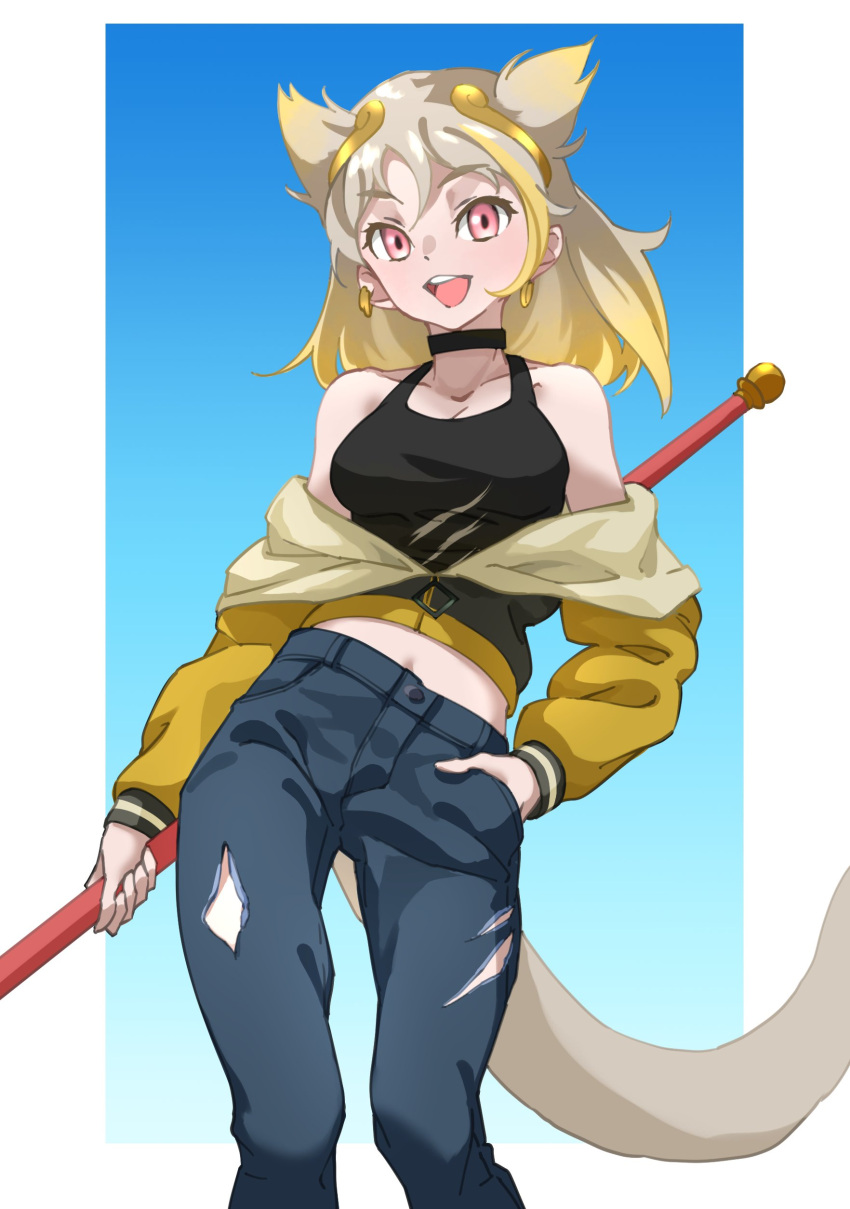 :d absurdres bare_shoulders black_choker black_tank_top blonde_hair blue_background bo_staff choker circlet commentary earrings female gradient_background gradient_hair grey_hair hand_in_pocket highres jacket jewelry kemono_friends long_hair long_sleeves looking_at_viewer multicolored_hair off_shoulder open_mouth pants pink_eyes simple_background smile solo son_goku_(kemono_friends) staff tail tanabe_(fueisei) tank_top torn_clothes torn_pants