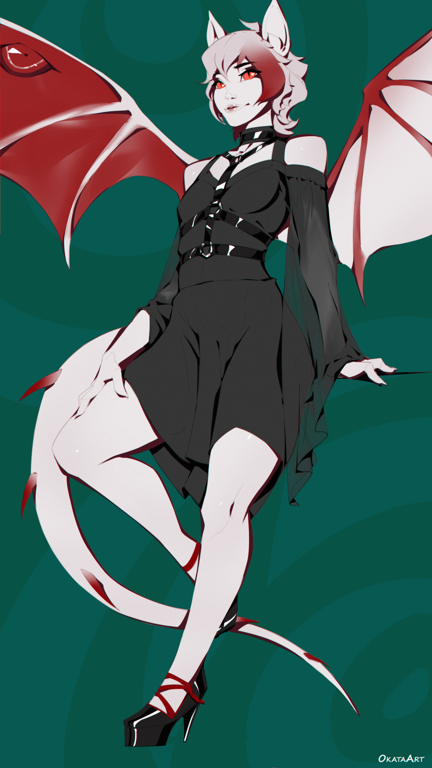 absurd_res bat clothing dragon dress female footwear harness hi_res high_heels humanoid hybrid leaning mammal mythological_creature mythological_scalie mythology okata scalie tail wings