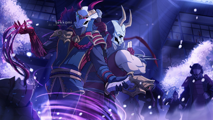 6+boys armor artist_name back-to-back battle bekkomi black_pants blood blood_moon_(league_of_legends) blood_moon_jhin blood_moon_shen blue_eyes cowboy_shot fingerless_gloves gloves glowing glowing_eyes gun heterochromia highres holding holding_weapon horned_mask jhin league_of_legends long_sleeves magic male_focus mask multiple_boys muscular muscular_male outdoors pants petals red_eyes red_gloves rope samurai shen_(league_of_legends) standing tree watermark weapon