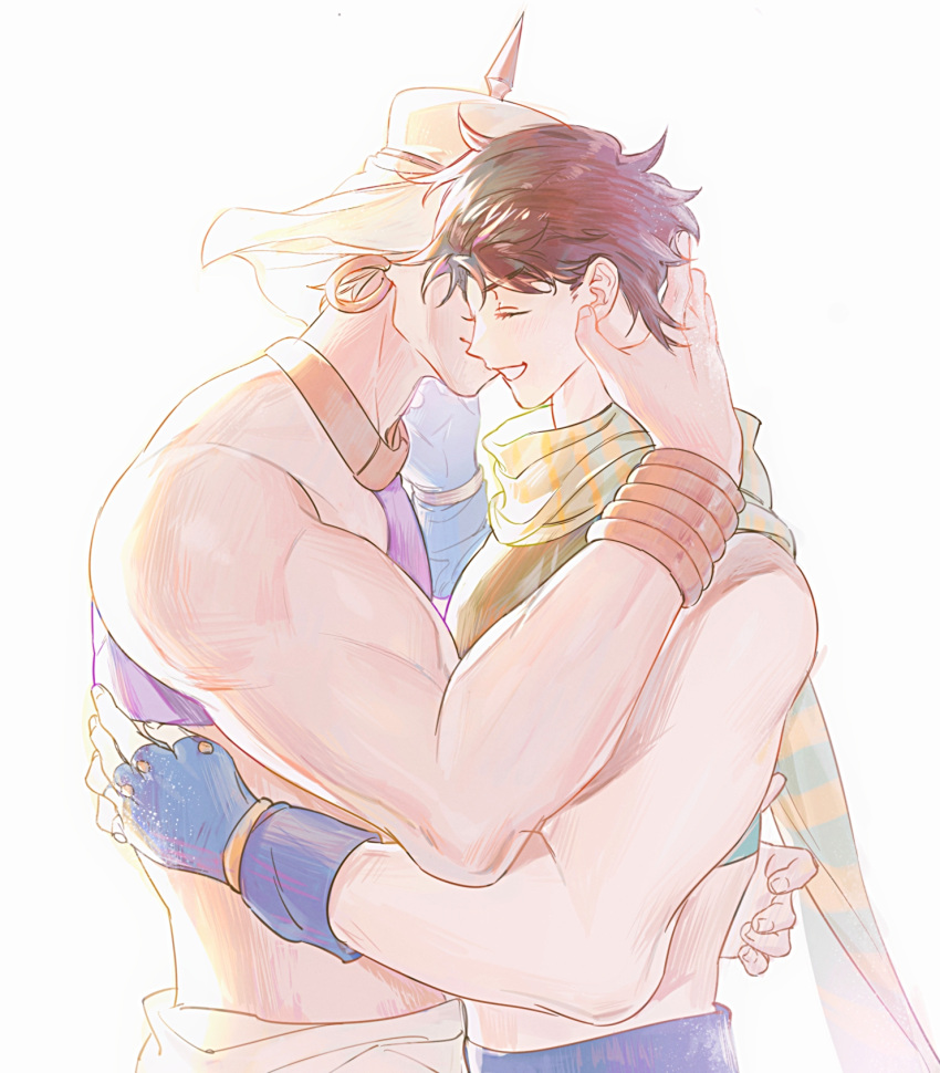 2boys battle_tendency biceps bracelet brown_hair crop_top earrings fingerless_gloves gloves green_scarf halterneck highres hoop_earrings hug jewelry jojo_no_kimyou_na_bouken joseph_joestar joseph_joestar_(young) male_focus midriff multiple_boys ningzzz pale_color scarf striped_clothes striped_scarf turban vertical-striped_clothes vertical-striped_scarf wamuu