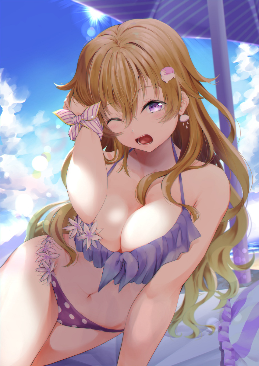 :d absurdres arm_support bare_shoulders beach bikini blue_sky breasts cleavage cloud collarbone commentary_request day earrings female flower flower_bikini front-tie_bikini_top front-tie_top hair_between_eyes hair_ornament halterneck hand_in_own_hair hayaoki_(asagi-iro_seishun-bu) highres jewelry konoe_kanata large_breasts light_blush light_brown_hair lily_(flower) long_hair looking_at_viewer love_live! love_live!_nijigasaki_high_school_idol_club navel ocean one_eye_closed open_mouth outdoors polka_dot polka_dot_bikini purple_bikini purple_eyes shade shell shell_earrings sitting sky smile solo sun swimsuit towel umbrella water yokozuwari