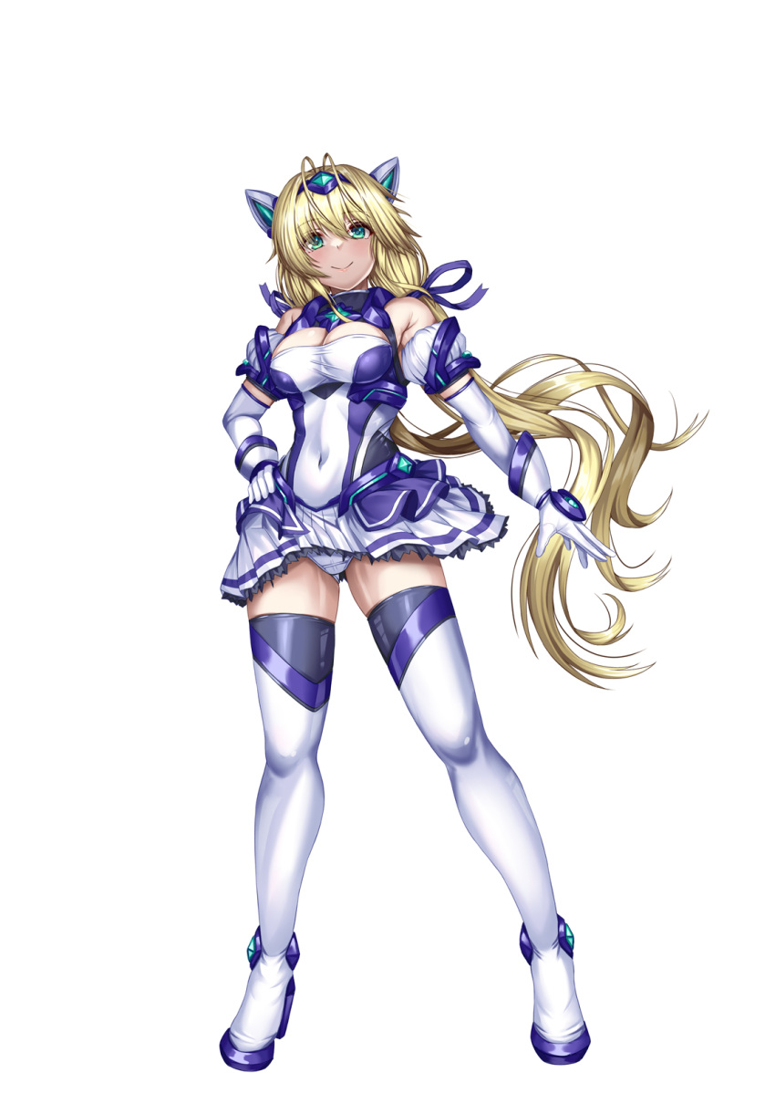 blonde_hair blue_ribbon blue_socks boots commentary_request detached_sleeves dress exs-tia_spica female frilled_skirt frills full_body gem genderswap_(mtf) gloves green_gemstone highres katsuragi_souma kouyoku_senki_exs-tia kozu_rokuta leotard long_hair low_twintails magical_girl pleated_skirt ribbon rule_63 simple_background skirt socks thighhighs twintails white_background white_footwear white_gloves white_skirt