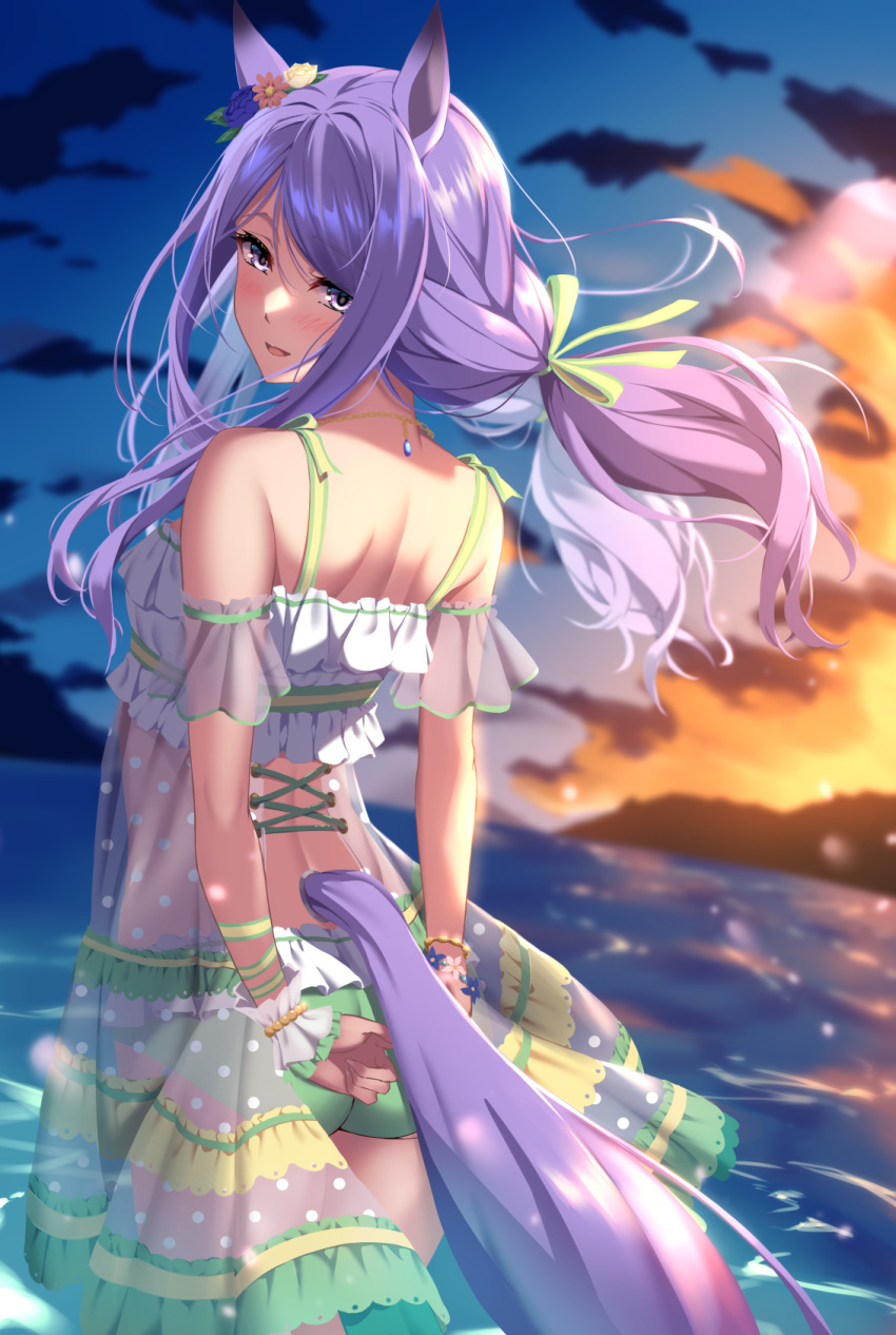 animal_ears arms_behind_back female flower from_behind hair_flower hair_ornament highres horse_ears horse_girl horse_tail kagari_liroi long_hair looking_back mejiro_mcqueen_(ripple_fairlady)_(umamusume) mejiro_mcqueen_(umamusume) ocean official_alternate_costume open_mouth outdoors purple_eyes purple_hair see-through smile solo tail umamusume