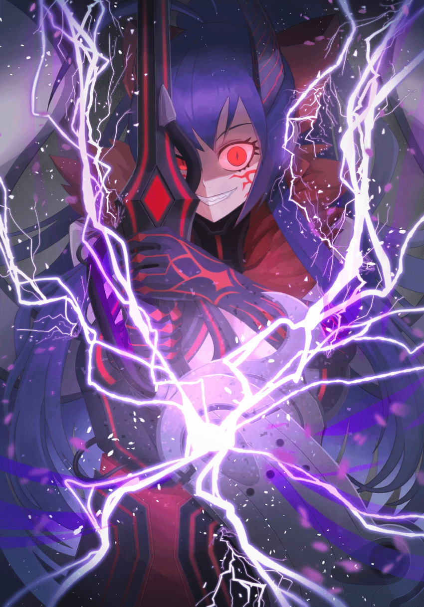 another_dark_mai antenna_hair axe backless_outfit black_pants blazblue blazblue_alternative:_dark_war blue_hair bow breasts cape cleavage colored_skin crazy crazy_eyes crazy_smile dark_persona electricity evil_eyes evil_grin evil_smile facial_tattoo female fighting_stance gloves glowing glowing_eyes grey_skin grin halterneck highres holding holding_polearm holding_weapon horns large_breasts lightning long_hair looking_at_viewer lowleg lowleg_pants mai_natsume mechanical_tail official_art outseal pants polearm ponytail red_bow red_eyes revealing_clothes shaded_face sharp_teeth slit_pupils smile smirk solo spear tail tattoo teeth weapon white_cape wide-eyed