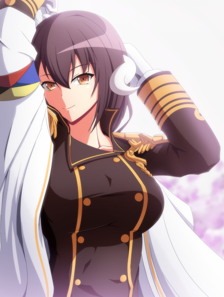 azur_lane breasts brown_hair commentary_request epaulettes female gloves hair_between_eyes highres horns large_breasts long_hair long_sleeves looking_at_viewer makiri_akira mikasa_(azur_lane) military military_uniform smile solo uniform white_gloves yellow_eyes