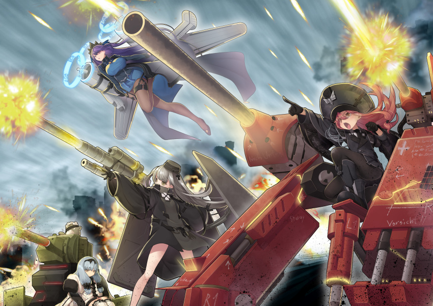 4girls 88_flak 88_flak_(ash_arms) absurdres ash_arms b-24_liberator_(ash_arms) battle black_dress black_footwear black_gloves black_headwear black_jacket black_legwear black_necktie blue_dress blue_hair boots breasts brown_eyes brown_legwear cannon collared_shirt covered_mouth day dress firing flying gloves grey_hair hat highres jacket knee_boots koflif kv-2_(ash_arms) large_breasts long_hair maus_(ash_arms) mini_hat multiple_girls name_connection necktie object_namesake on_one_knee open_mouth outdoors outstretched_arm pantyhose photoshop_(medium) pointing purple_hair shirt shoes sleeves_past_wrists star_(symbol) stuffed_animal stuffed_toy teddy_bear thighhighs tiara two_side_up v-shaped_eyebrows very_long_hair white_dress white_legwear white_shirt wide_sleeves