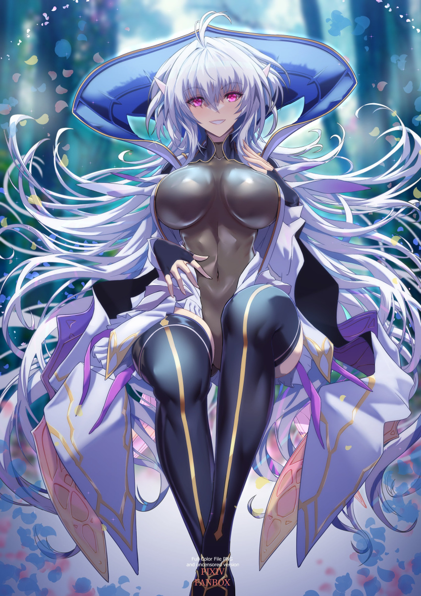 absurdres ahoge black_gloves black_thighhighs breasts covered_navel fate/grand_order fate/grand_order_arcade fate/prototype fate_(series) female fingerless_gloves gloves grin highres large_breasts long_hair long_sleeves looking_at_viewer merlin_(fate/prototype) merlin_(fate/prototype)_(third_ascension) petals purple_eyes robe sash smile solo thighhighs thighs torahime_(roland00) very_long_hair white_hair white_robe wide_sleeves