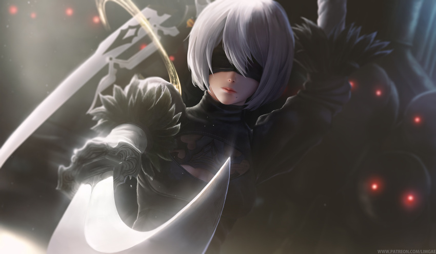 2b_(nier:automata) black_blindfold black_dress blindfold blurry blurry_background breasts cleavage commentary dark_background dress english_commentary facing_viewer female highres limgae lips machine medium_breasts mole mole_under_mouth nier:automata nier_(series) photoshop_(medium) revision robot solo sword upper_body watermark weapon weapon_on_back web_address white_hair