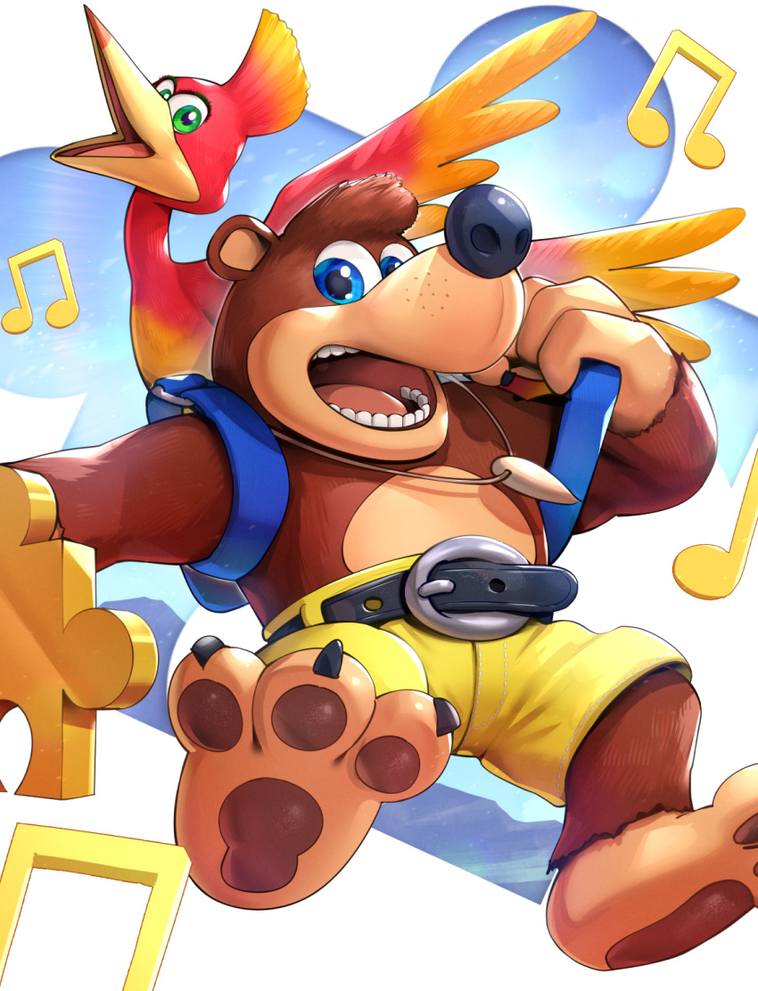 3_toes avian backpack banjo-kazooie banjo_(banjo-kazooie) barefoot beak bear belt blue_eyes bottomwear breegull brown_body brown_fur clothing duo feathered_wings feathers feet female fur gonzarez1938 green_eyes hi_res kazooie male mammal musical_note open_mouth puzzle_piece rareware shorts teeth toes tongue wings