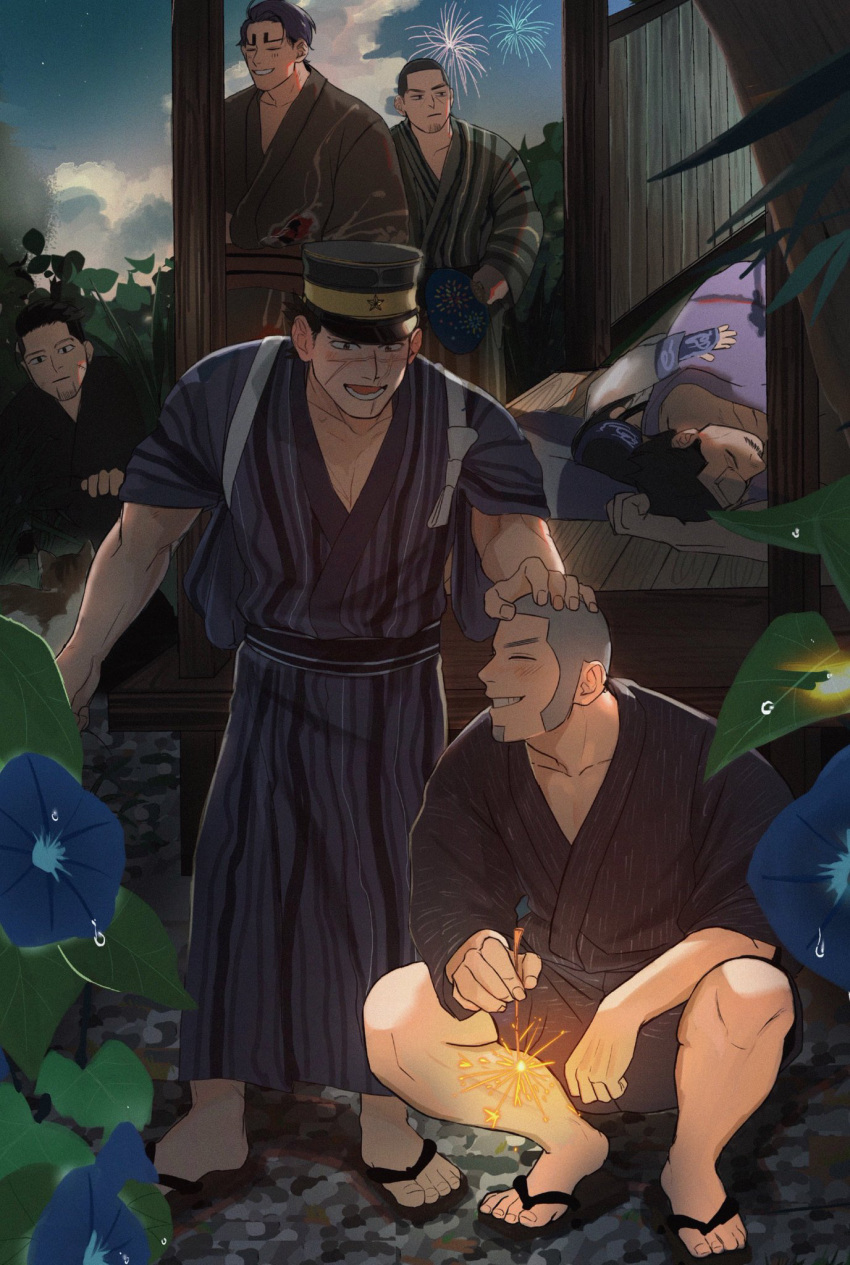 6+boys bara black_hair black_kimono blue_flower closed_eyes closed_mouth cloud facial_hair fireworks flower golden_kamuy grey_hair hat highres holding holding_fireworks japanese_clothes kimono koito_otonoshin lying male_focus military_hat morning_glory multiple_boys muscular muscular_male ogata_hyakunosuke on_side open_mouth outdoors scar scar_on_cheek scar_on_face scar_on_mouth scar_on_nose shiraishi_yoshitake short_hair sky sleeping smile sparkler squatting sugimoto_saichi teeth ton_(ton19130318) tsukishima_hajime very_short_hair