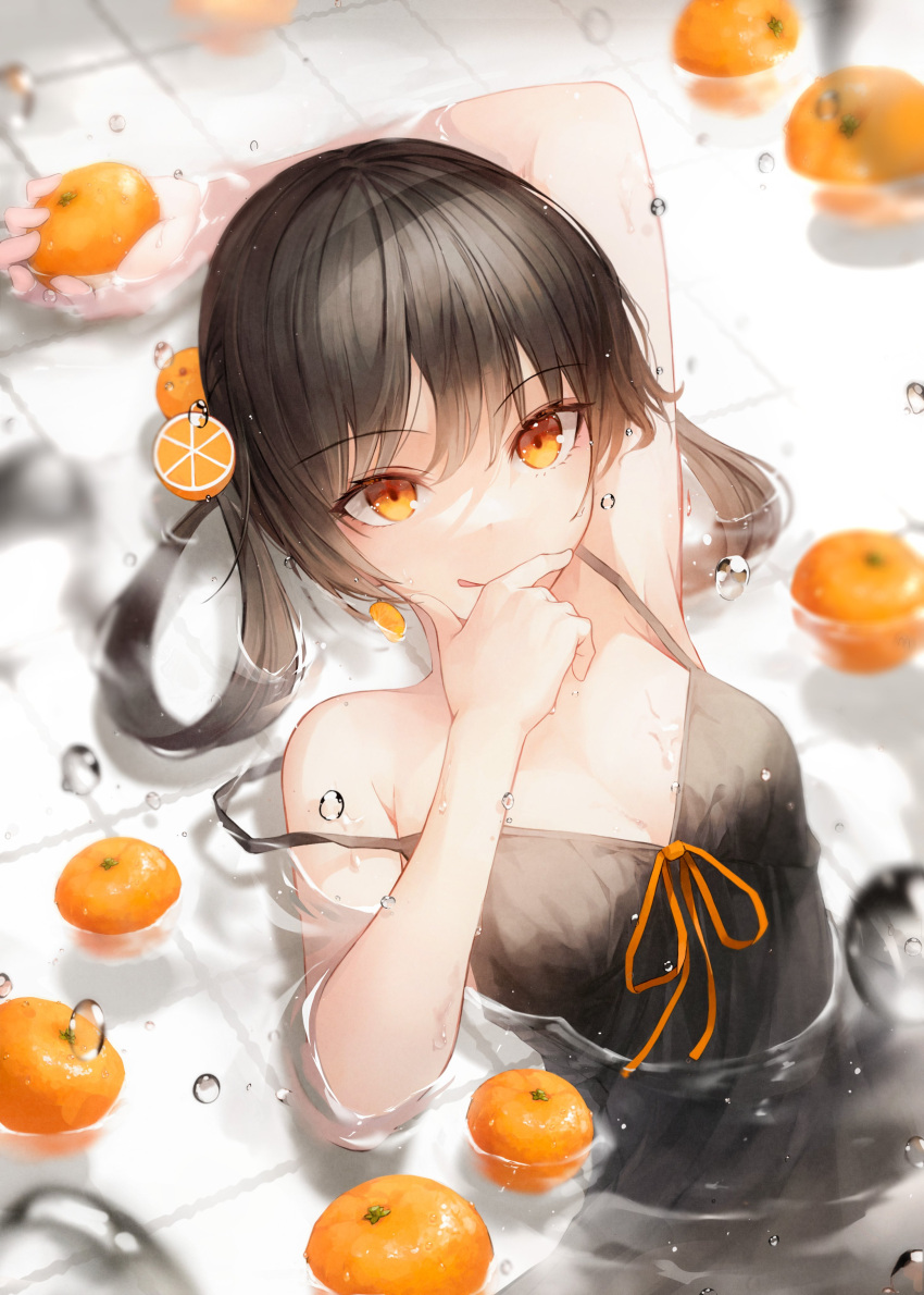 absurdres arm_up bare_shoulders black_camisole black_hair breasts camisole cleavage collarbone commentary crystalherb female food fruit hand_on_own_face highres holding holding_food licking_lips long_hair looking_at_viewer lying on_back orange_(fruit) orange_eyes original small_breasts solo spaghetti_strap strap_slip symbol-only_commentary tongue tongue_out twintails water