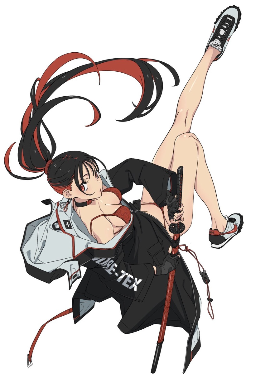 bikini black_hair choker commentary earrings female fingerless_gloves full_body gloves highres jacket jewelry katana multicolored_hair original ponytail red_eyes red_hair shoes simple_background sneakers solo swimsuit sword tarou2 weapon