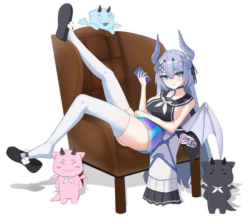 absurdres bare_shoulders black_footwear black_shirt blue_choker blue_eyes blue_skirt breasts chair choker closed_mouth dragon_horns female grey_hair hair_between_eyes hair_ornament hairclip hand_up highres holding holding_phone horns indie_virtual_youtuber iridescent lapis0_0 large_breasts leg_up long_hair looking_at_viewer mary_janes miniskirt multicolored_hair multiple_horns neckerchief on_chair phone pleated_skirt reclining sailor_collar shirt shoe_dangle shoes sideboob single_wing sitting_sideways skindentation skirt sleeveless sleeveless_shirt smile solo streaked_hair thighhighs thighs very_long_hair virtual_youtuber white_thighhighs wings x_hair_ornament zettai_ryouiki