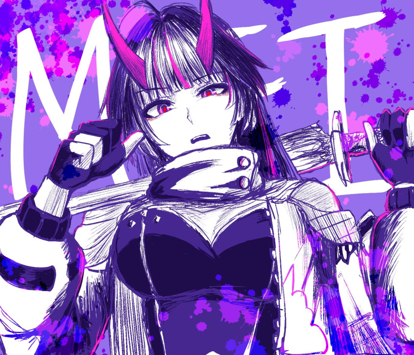 black_gloves breasts character_name cleavage commentary english_commentary female gloves holding holding_sword holding_weapon honkai_(series) honkai_impact_3rd horns jacket long_hair long_sleeves looking_at_viewer official_alternate_costume open_mouth partially_colored partially_fingerless_gloves pointing pointing_at_self pointing_with_thumb purple_background purple_eyes purple_horns purple_theme raiden_mei raiden_mei_(haunted_dusk) raiden_mei_(herrscher_of_thunder) red_pupils scarf solo sword wasdmyway weapon