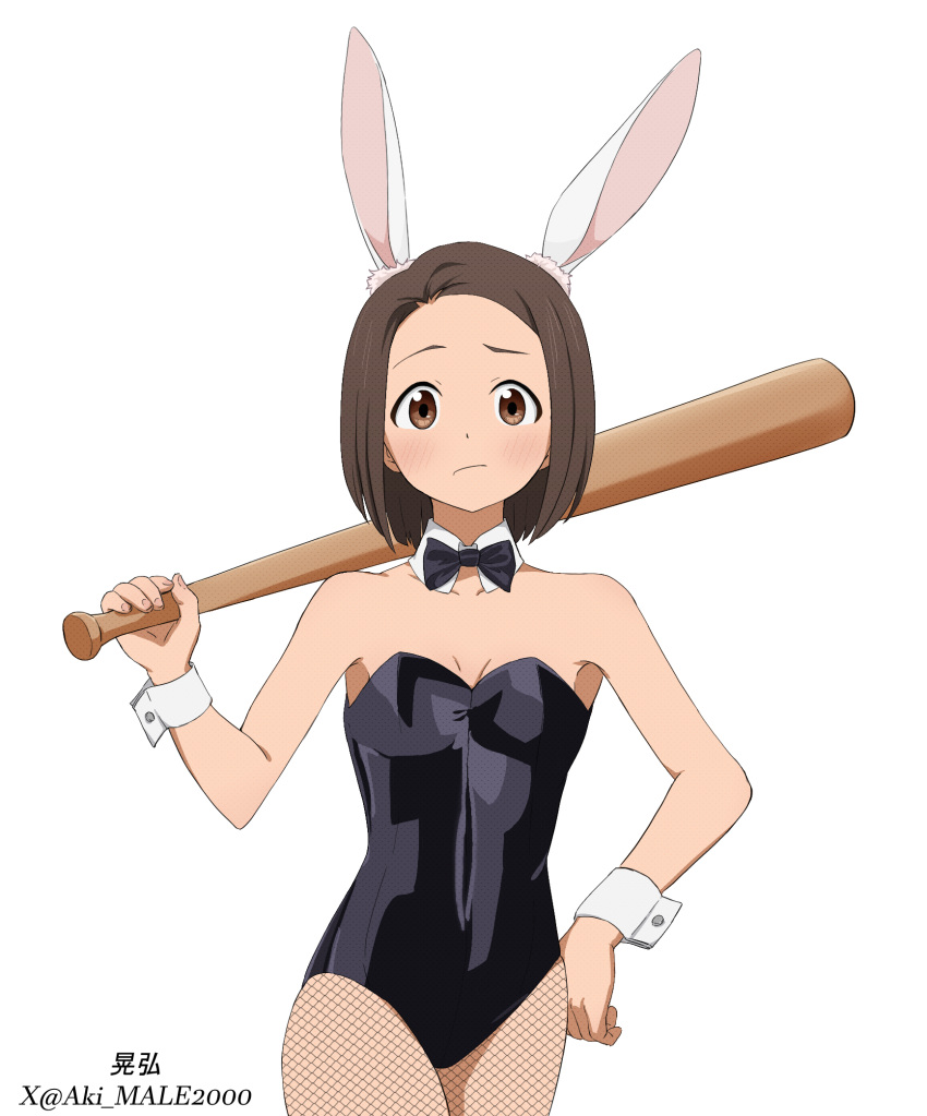 akebi-chan_no_serafuku aki_male2000 animal_ears bare_shoulders baseball_bat black_bow black_bowtie black_leotard bow bowtie breasts brown_eyes brown_hair closed_mouth cowboy_shot detached_collar fake_animal_ears female fishnet_pantyhose fishnets hand_on_own_hip highres holding holding_baseball_bat leotard light_blush medium_breasts pantyhose playboy_bunny rabbit_ears short_hair simple_background solo strapless strapless_leotard twitter_username usagihara_touko white_background wrist_cuffs