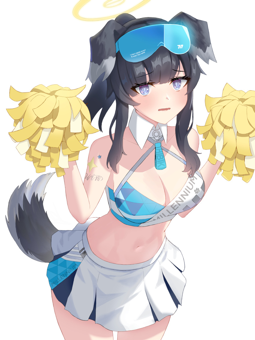 absurdres animal_ears bare_arms bare_shoulders black_hair blue_archive blue_eyes breasts cleavage cowboy_shot criss-cross_halter crop_top detached_collar dog_ears dog_girl dog_tail female goggles goggles_on_head halo halterneck hands_up hibiki_(blue_archive) hibiki_(cheer_squad)_(blue_archive) highres holding holding_pom_poms lapis0_0 long_hair looking_at_viewer medium_breasts midriff millennium_cheerleader_outfit_(blue_archive) miniskirt navel official_alternate_costume open_mouth pleated_skirt pom_pom_(cheerleading) ponytail shirt shoulder_tattoo simple_background skirt sleeveless sleeveless_shirt solo spaghetti_strap standing stomach tail tattoo two-tone_shirt wavy_mouth white_background white_shirt white_skirt wing_collar