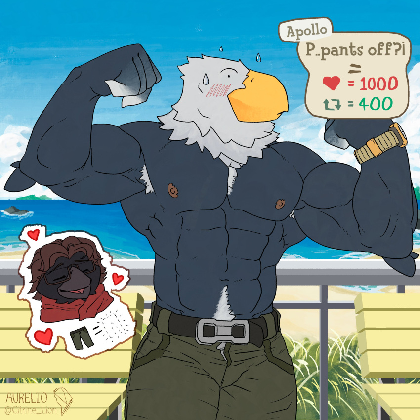 2023 abs absurd_res accipitrid accipitriform animal_crossing anthro apollo_(animal_crossing) armpit_hair avian biceps bird boardwalk bodily_fluids body_hair chest_hair citrine_lion clock clothed clothing corvid corvus_(genus) crow deltoids duo eagle embarrassed feather_tuft feathers fist flexing flexing_bicep flexing_both_biceps heart_symbol hi_res looking_at_viewer male male/male mountain navel nintendo nipples obliques oscine outside passerine pecs pubes sea standing strip_meme sweat sweatdrop topless triceps tuft watch water wide_eyed wristwatch