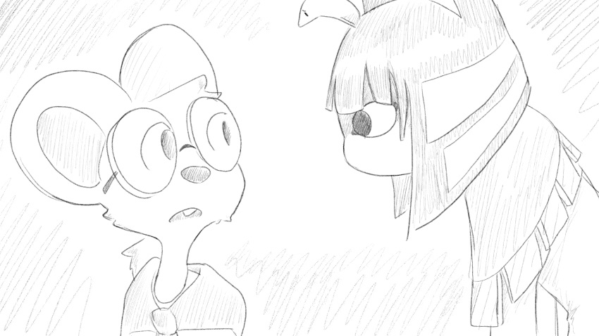 animal_crossing ankha_(animal_crossing) anthro clothed clothing dialogue_in_description domestic_cat dragonweirdo duo eyewear felid feline felis female glasses greyscale hi_res mammal monochrome mouse murid murine nintendo petri_(animal_crossing) rodent round_glasses wearing_glasses worried