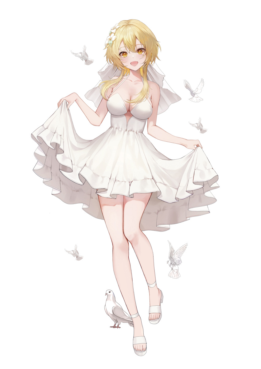 absurdres alternate_costume bird blonde_hair breasts cleavage commentary curtsey dress female full_body genshin_impact hair_flaps highres looking_at_viewer lumine_(genshin_impact) medium_breasts open_mouth pigeon sandals short_hair_with_long_locks sidelocks simple_background sleeveless sleeveless_dress smile solo standing strapless strapless_dress white_background white_dress white_footwear yellow_eyes yuna_(deadawon)