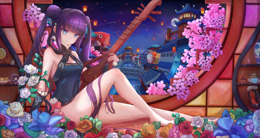 absurdres architecture bare_shoulders barefoot black_dress blue_eyes breasts detached_sleeves double_bun dress east_asian_architecture fate/grand_order fate_(series) female fengji_daze flower hair_bun hair_ornament highres large_breasts leaf_hair_ornament long_hair looking_at_viewer night night_sky pipa_(instrument) purple_hair sidelocks sitting sky smile solo twintails yang_guifei_(fate) yang_guifei_(first_ascension)_(fate)