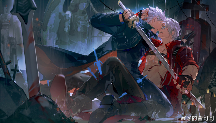 2boys absurdres belt_bra black_gloves blood blood_from_mouth blood_on_face blood_on_weapon blue_coat blue_eyes brothers chinese_commentary closed_mouth coat commentary_request dante_(devil_may_cry) devil_may_cry_(series) devil_may_cry_3 fangs fingerless_gloves glint gloves hair_slicked_back highres holding holding_sword holding_weapon katana looking_at_another male_focus multiple_boys pants red_coat shiniesk siblings sword twins vergil_(devil_may_cry) weapon white_hair yamato_(sword)