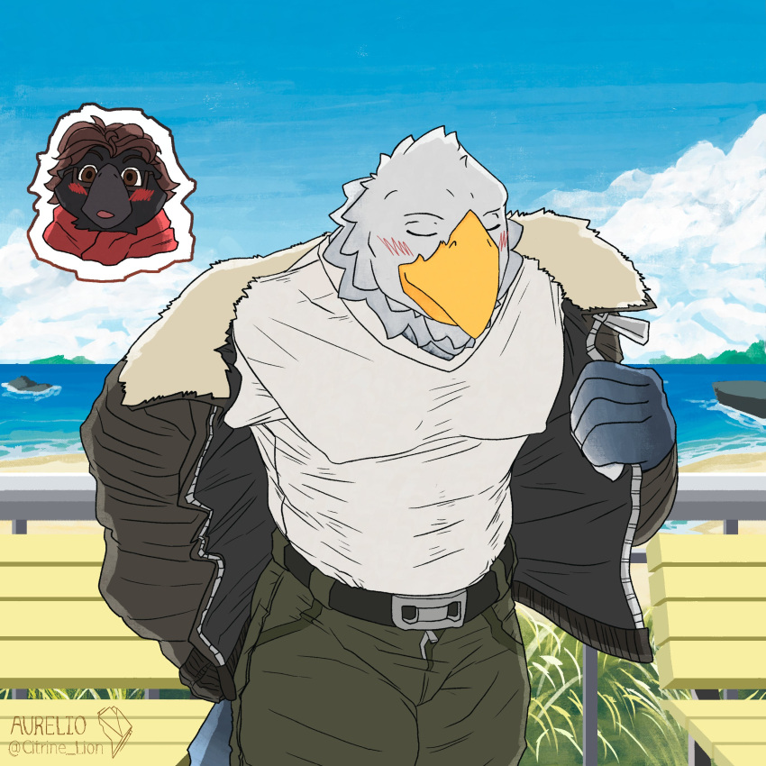 2023 absurd_res accipitrid accipitriform animal_crossing anthro apollo_(animal_crossing) avian bird blush boardwalk bottomwear citrine_lion closed_eyes clothed clothing corvid corvus_(genus) crow duo eagle hi_res jacket male male/male mountain nintendo nipple_outline oscine outside pants passerine sea shirt smile standing strip_meme topwear undressing water wide_eyed