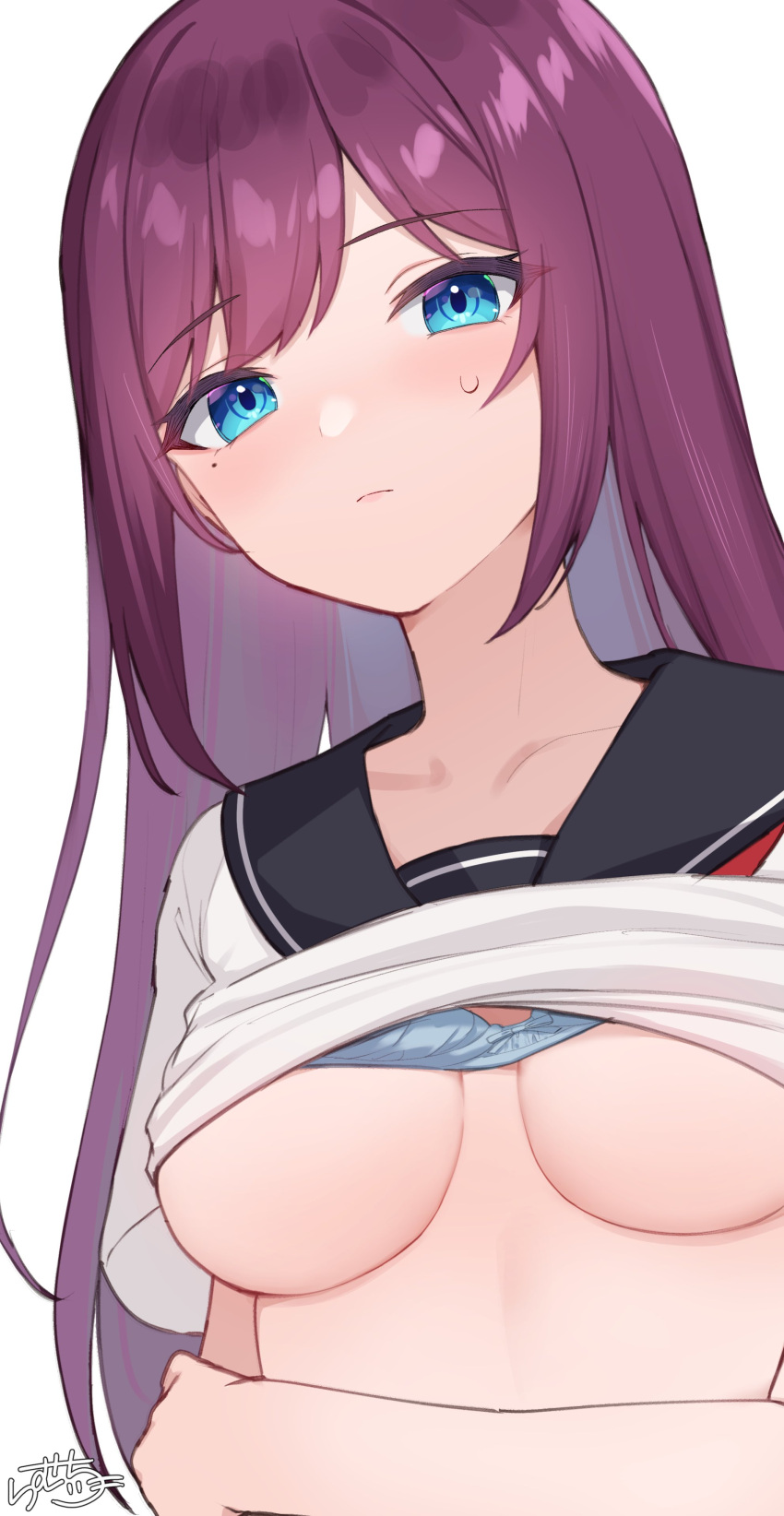 absurdres blue_bra blue_eyes blush bow bow_bra bra bra_lift breasts clothes_lift female highres long_hair looking_at_viewer maid-chan_(ramchi) medium_breasts mole mole_under_eye original purple_hair ramchi school_uniform shirt shirt_lift signature simple_background solo underboob underwear white_background