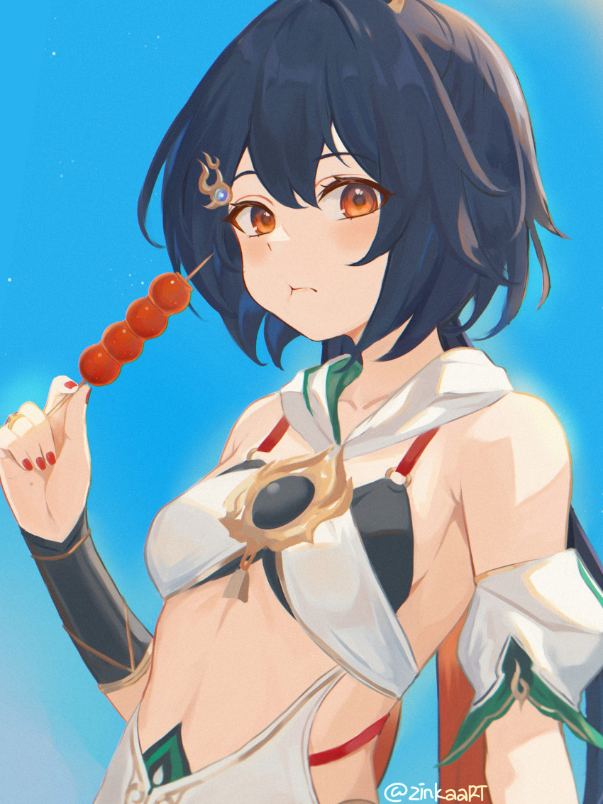 :t absurdres bare_shoulders blue_background blue_hair breasts commentary detached_sleeves female hand_up highres honkai:_star_rail honkai_(series) long_hair looking_at_viewer midriff nail_polish orange_eyes red_nails short_sleeves small_breasts solo stomach symbol-only_commentary upper_body very_long_hair yunli_(honkai:_star_rail) zinkaa