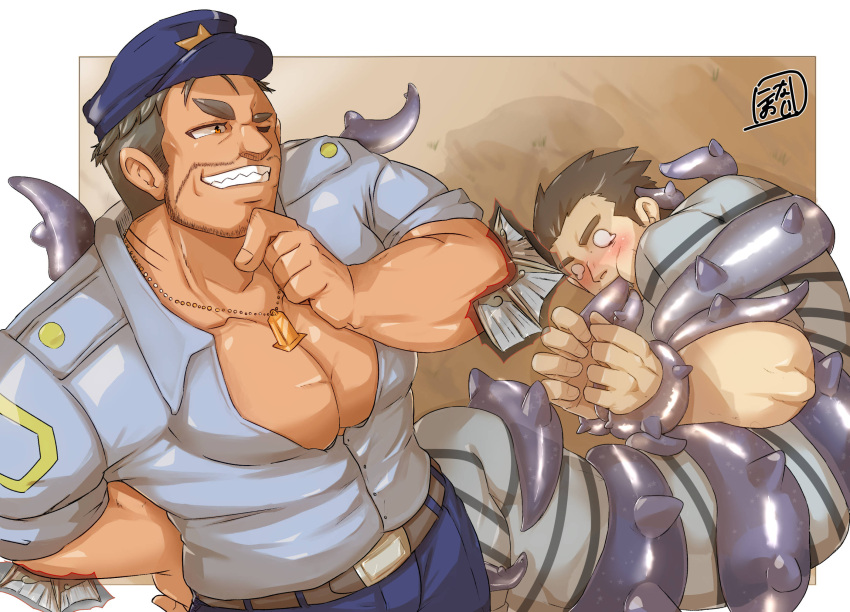 2boys alternate_costume bara blank_eyes bound bound_arms dagon_(housamo) dark-skinned_male dark_skin fish_boy from_above grin highres konaoji_(connersublow) large_pectorals male_focus mature_male multiple_boys muscular muscular_male pectoral_cleavage pectorals police police_uniform policeman protagonist_3_(housamo) short_hair smile standing tearing_up tentacle tentacle_in_mouth tokyo_afterschool_summoners uniform yaoi