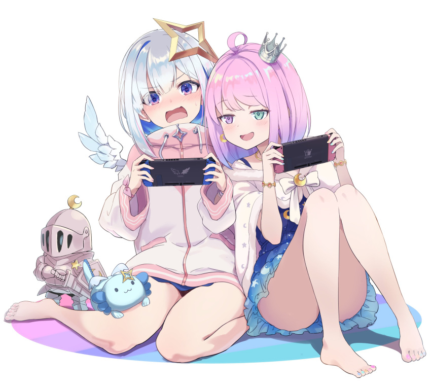 2girls :3 absurdres ahoge amane_kanata angel_wings angry aqua_nails axolotl barefoot blue_dress blue_hair blue_nails blunt_ends blush bracelet cape colored_inner_hair commentary_request crescent_moon crown dot_nose dress earrings faux_figurine feet frilled_dress frills full-face_blush fur-trimmed_cape fur_trim gold_necklace gradient_hair green_eyes halo head_tilt heterochromia highres himemori_luna himemori_luna_(sundress) holding holding_shield holding_sword holding_weapon hololive hood hoodie jewelry knees_up knight legs light_blush looking_to_the_side loup luknight_(himemori_luna) medium_hair mini_crown mini_wings moon multicolored_hair multicolored_nails multiple_girls nail_polish necklace nintendo_switch no_pants official_alternate_costume official_alternate_hairstyle open_mouth orange_nails pearl_bracelet pink_cape pink_hair pink_hoodie pink_nails purple_eyes ribbon shield single_bare_leg single_earring single_hair_intake sitting sleeveless sleeveless_dress small_sweatdrop smug star_halo starry_sky_print streaked_hair sundress swept_bangs sword tilted_headwear toenail_polish toenails toes turning_head two-tone_hair upao_(amane_kanata) virtual_youtuber wariza weapon white_background white_hair white_ribbon wide_sleeves wings wrist_ribbon