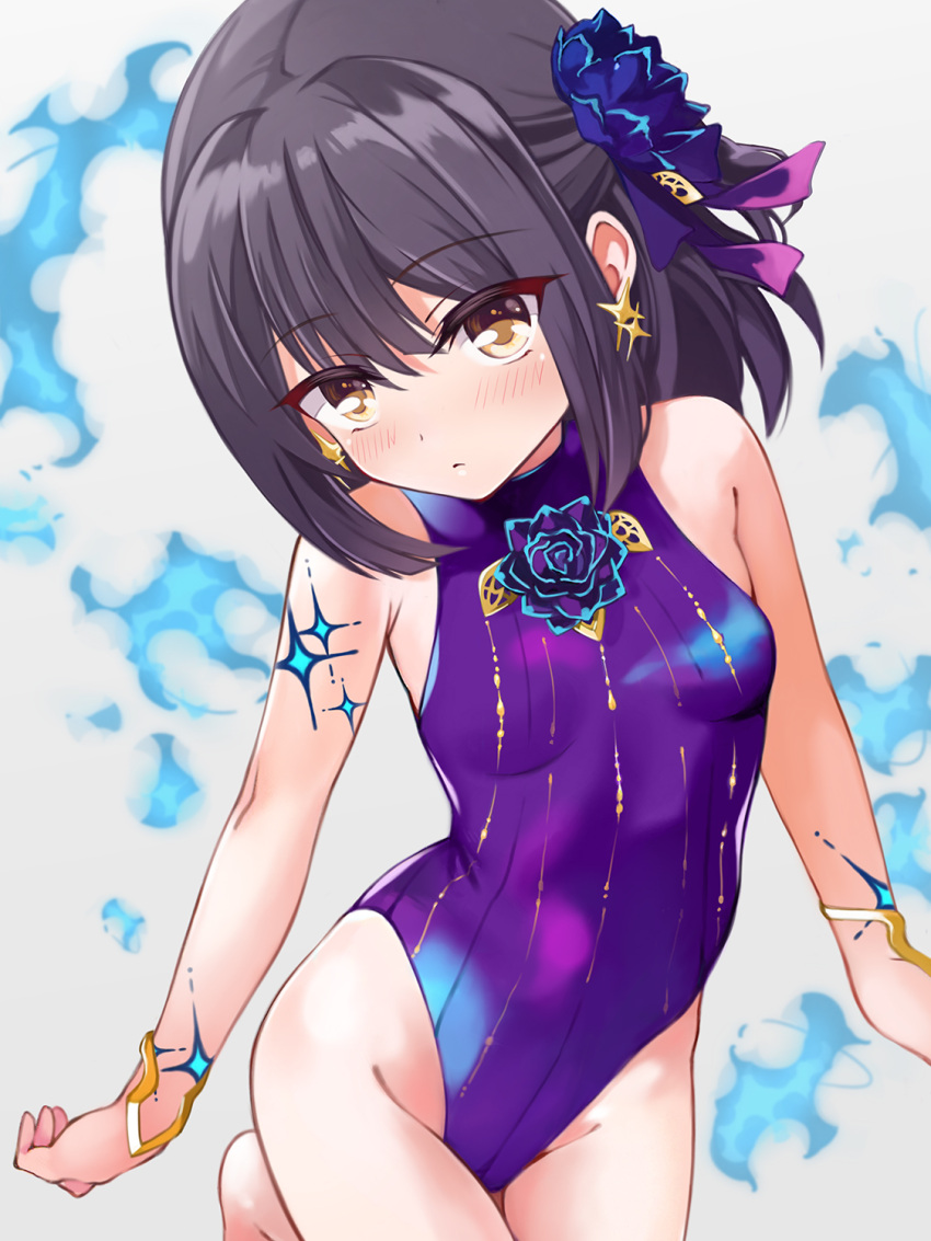 bare_shoulders black_hair blue_fire blush body_markings bracelet breasts brown_eyes cosplay fate/grand_order fate/kaleid_liner_prisma_illya fate_(series) female fire flower hair_flower hair_ornament hair_ribbon highleg highleg_swimsuit highres jewelry kama_(fate) kama_(swimsuit_avenger)_(fate) kama_(swimsuit_avenger)_(fate)_(cosplay) kama_(swimsuit_avenger)_(third_ascension)_(fate) large_breasts looking_at_viewer medium_hair miyu_edelfelt mochi_(k620803n) one-piece_swimsuit ribbon small_breasts solo swimsuit thighs