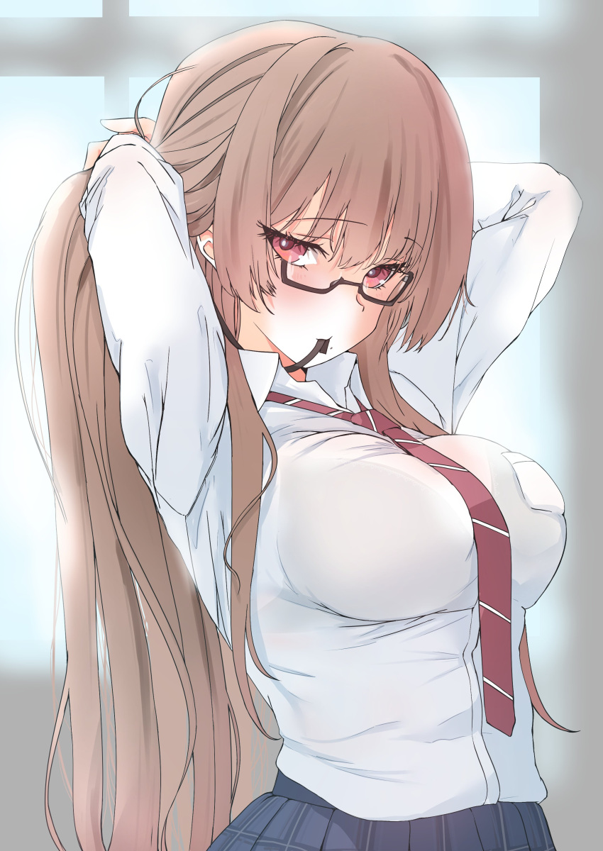 absurdres adjusting_hair azur_lane blush breasts brown_hair female glasses hair_ribbon highres large_breasts long_hair looking_at_viewer mole mole_under_mouth necktie official_alternate_costume p.i.t.d ponytail red_eyes red_necktie ribbon school_uniform semi-rimless_eyewear shirt skirt solo swiftsure_(azur_lane) swiftsure_(study_hall_cyclamen)_(azur_lane) very_long_hair white_shirt