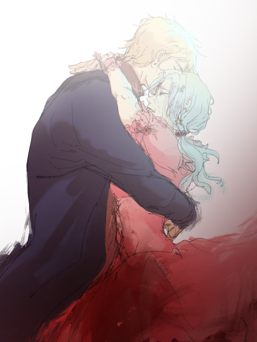 1boy atou_haruki black_jacket blonde_hair blood blood_on_clothes blood_on_face blue_hair closed_eyes commentary_request corset crying dress enomoto_noa female frilled_sleeves frills hair_bobbles hair_ornament highres hua_(qingmeiranshuangxue) hug jacket light_blue_hair long_hair long_sleeves pink_corset pink_dress ponytail puffy_short_sleeves puffy_sleeves sad saibou_shinkyoku short_hair short_sleeves