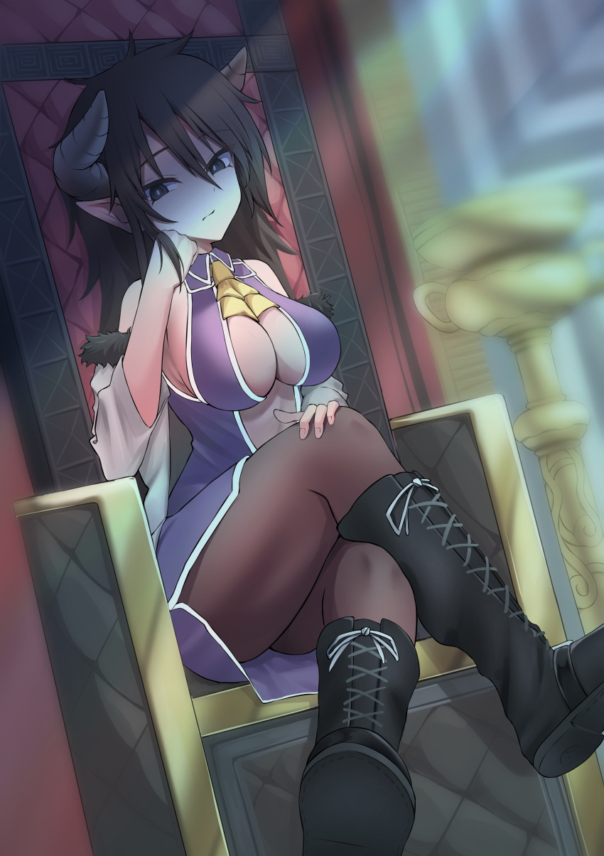 absurdres ars_rg0412 black_footwear black_hair black_pantyhose boots bored breasts center_opening cleavage commentary_request crossed_legs demon demon_girl demon_horns female glaring grey_eyes highres horns isekai_one_turn_kill_nee-san:_ane_douhan_no_isekai_seikatsu_hajimemashita kilmaria_(ichigeki_ane) large_breasts leather leather_boots long_hair looking_to_the_side messy_hair pantyhose pointy_ears revealing_clothes sitting_on_throne solo thighs throne