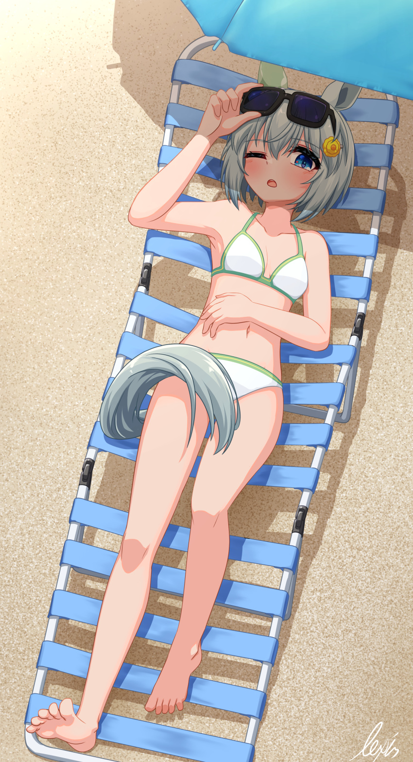 absurdres adjusting_eyewear animal_ears barefoot beach_umbrella bikini blush breasts chair ear_covers female full_body grey_hair hair_ornament hairclip halterneck hand_on_own_stomach highres horse_ears horse_girl horse_tail lexis_yayoi looking_at_viewer lounge_chair navel one_eye_closed open_mouth outdoors reclining seiun_sky_(umamusume) shade short_hair signature single_ear_cover small_breasts solo sun swimsuit tail toes umamusume umbrella white_bikini