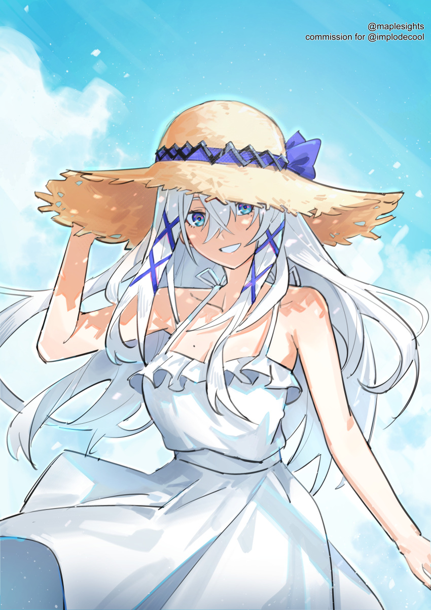 absurdres bare_shoulders blue_eyes blue_sky breasts brown_hat cleavage cloud cloudy_sky commission dress female grin hair_between_eyes hair_ornament hat highres long_hair looking_at_viewer maplesights medium_breasts mole mole_on_breast nijisanji nijisanji_en sky sleeveless sleeveless_dress smile solo sun_hat twitter_username victoria_brightshield virtual_youtuber white_dress white_hair x_hair_ornament