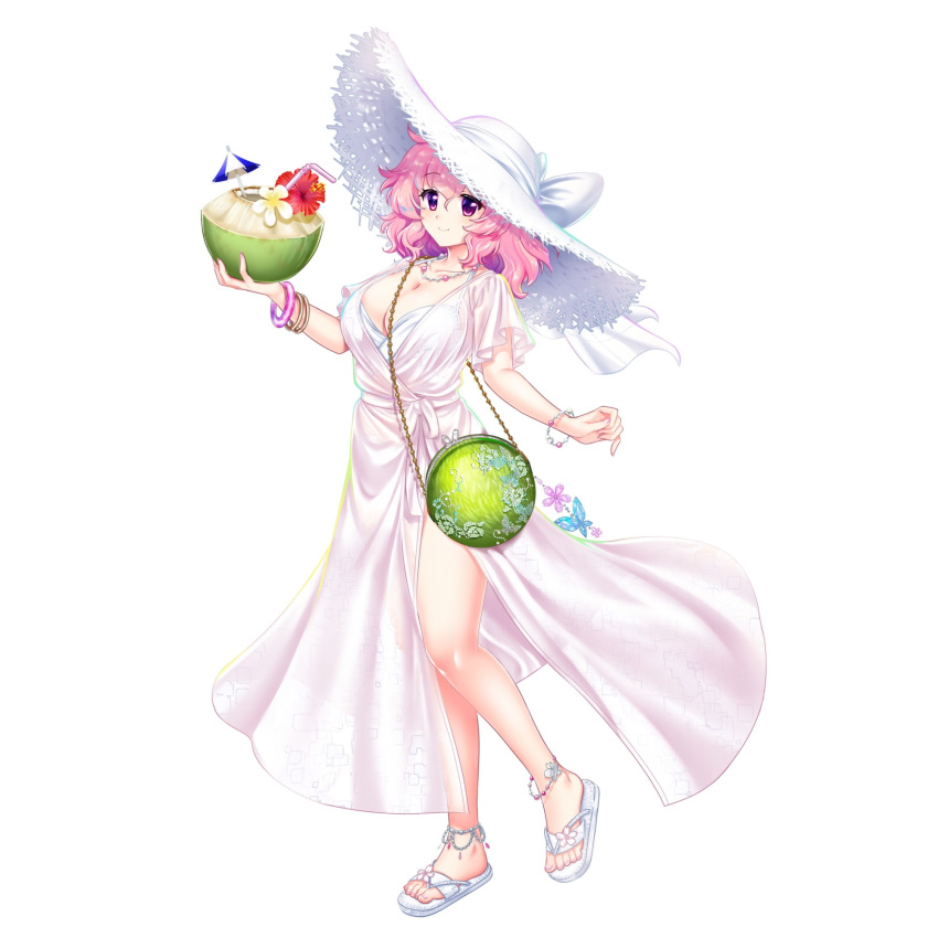 alternate_costume bracelet breasts bug butterfly cleavage closed_mouth coconut_cup dress female full_body game_cg hat highres jewelry large_breasts looking_at_viewer official_art pink_eyes pink_hair rotte_(1109) saigyouji_yuyuko saigyouji_yuyuko_(seamless_swimsuit_ghost) short_hair simple_background smile solo third-party_source touhou touhou_lostword white_background white_dress white_footwear white_hat